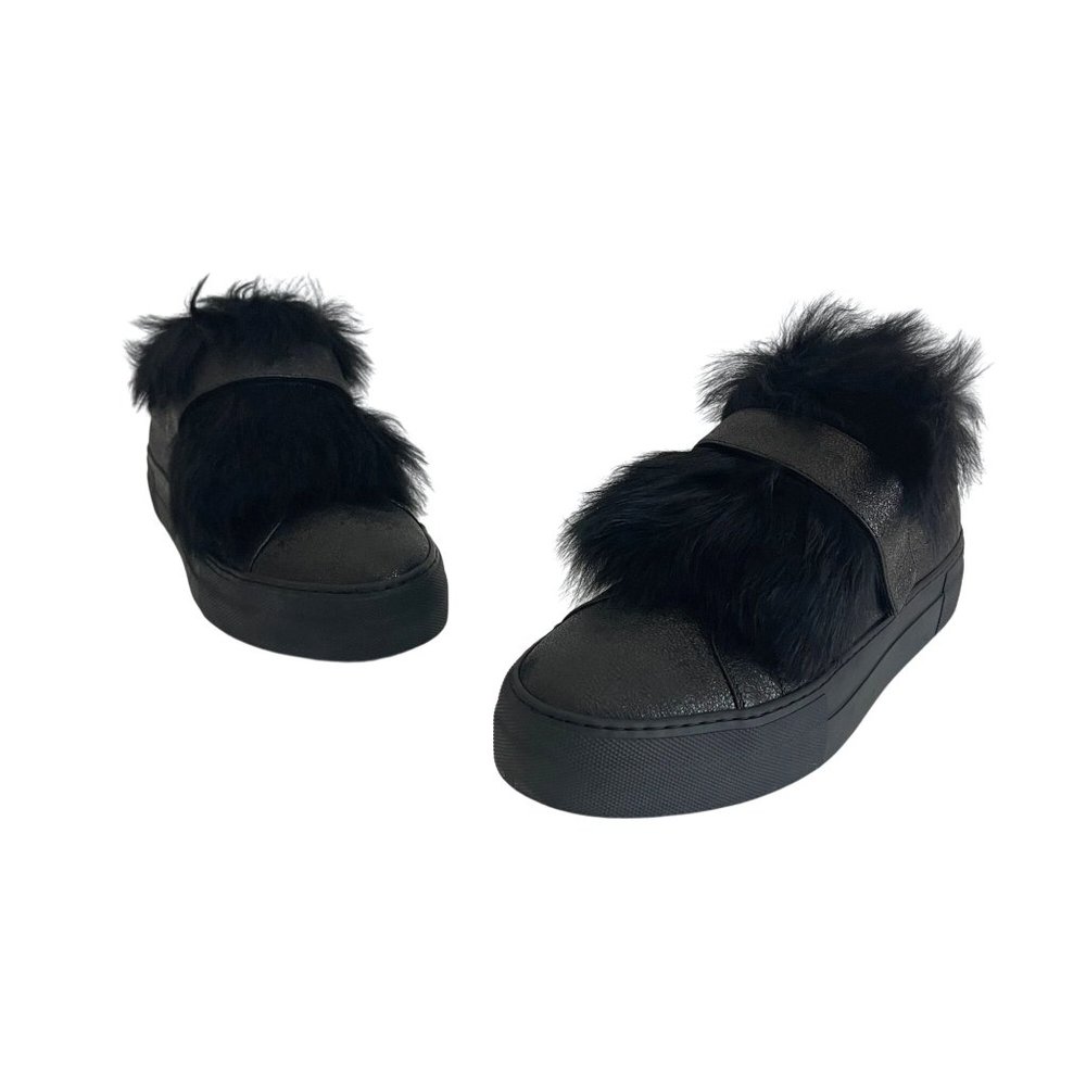 MONCLER Victoire Black Leather Sneaker With Fur Women's, UK 38, NWB - Picture 1 of 12